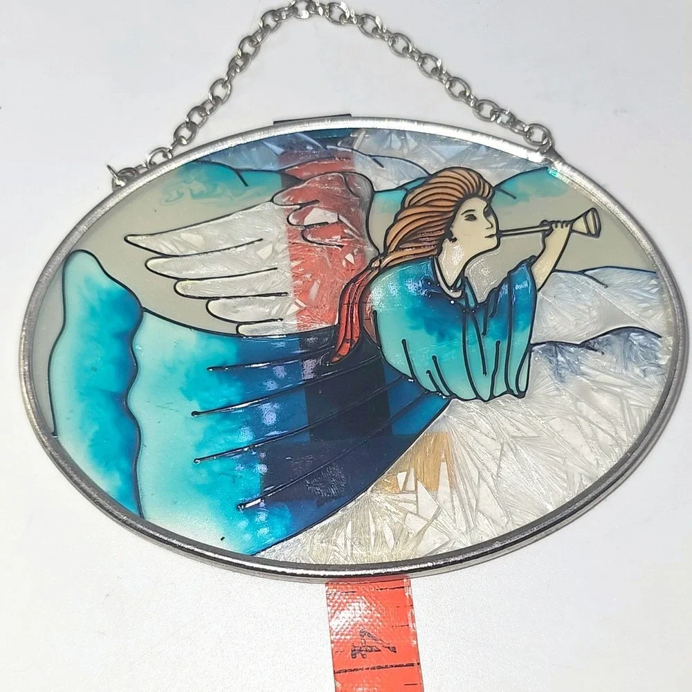 Amia Handpainted Glass Suncatcher Angel with Trumpet Blue Teal Oval Hanging Art